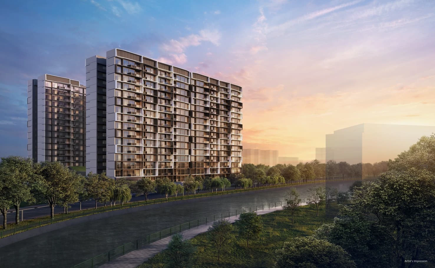 Artist’s impression of Lucerne Grand beside the waterway at sunset